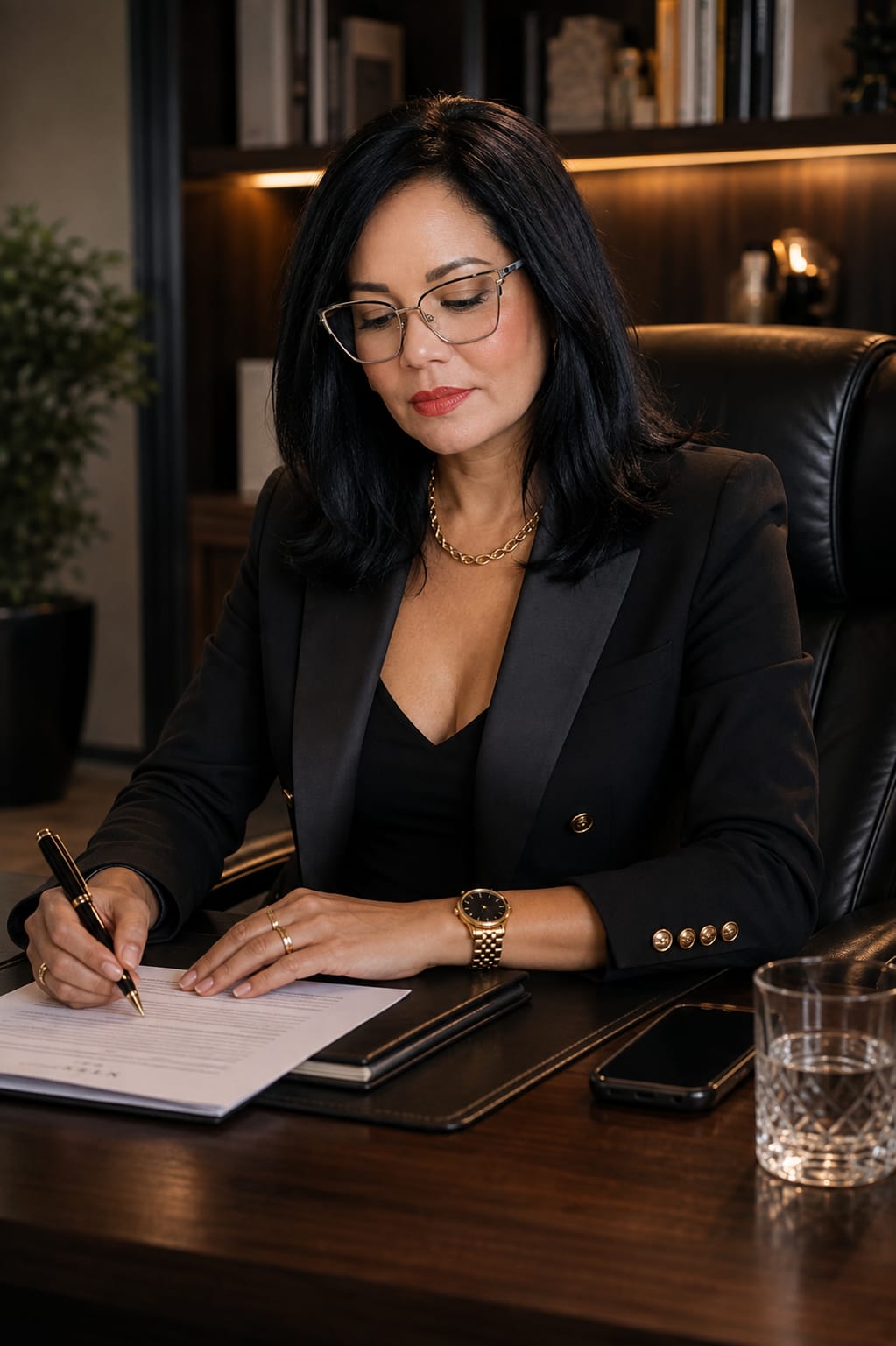 Michela de Queiroz assinando documentos em seu escritório